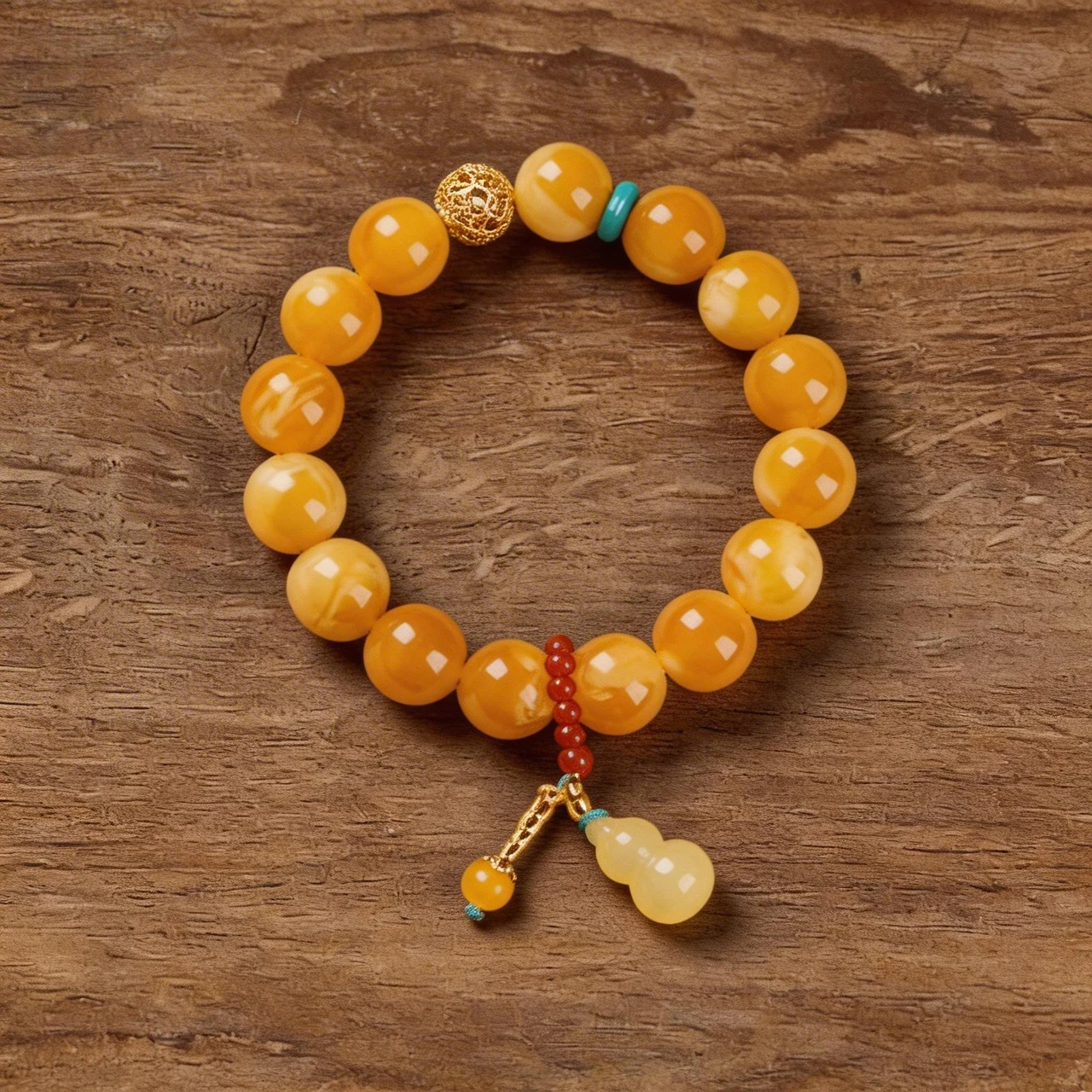 Natural Butterscotch Amber Beaded Bracelet 12mm Yellow Gemstone Healing Crystal Stretch Bangle with Wu Lou Gourd Pendant Feng Shui Wealth Jewelry for Men Women