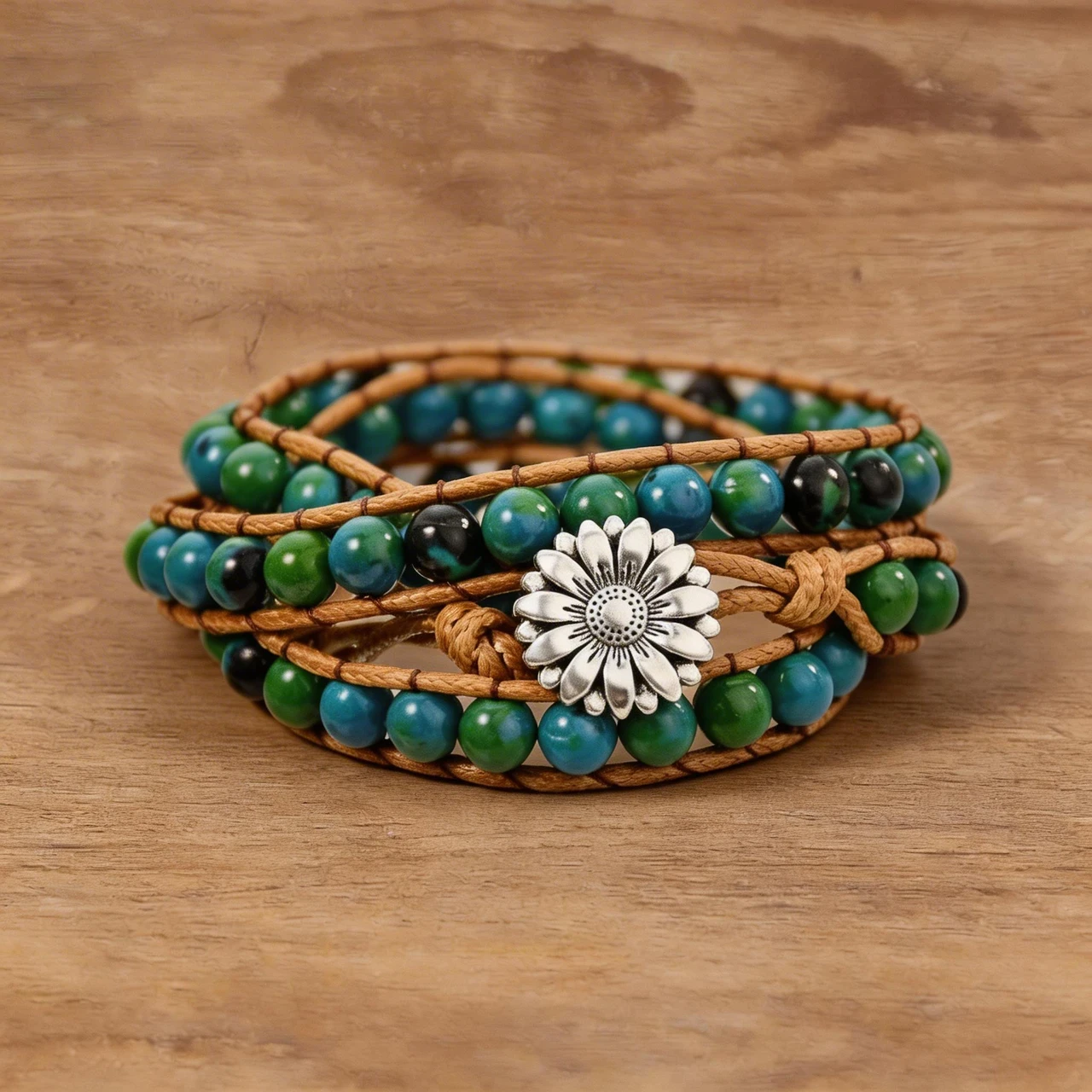 Handmade Natural Stone Wrap Bracelet for Women Boho Leather Beaded Multi Layer Braided Wristband with Sunflower Button Healing Chrysocolla Crystal Jewelry