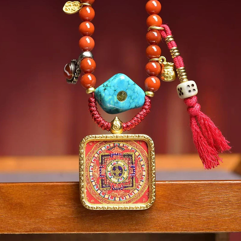 Handmade Tibetan Mandala Pendant Necklace for Women Men Red Agate Beaded Long Sweater Chain Buddhist Thangka Amulet Boho Ethnic Jewelry Meditation Yoga Accessory Adjustable - Image 4