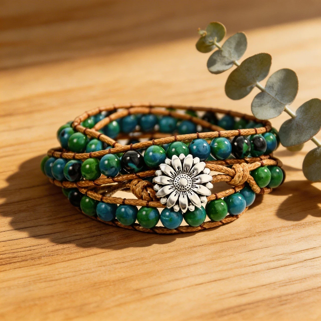 Handmade Natural Stone Wrap Bracelet for Women Boho Leather Beaded Multi Layer Braided Wristband with Sunflower Button Healing Chrysocolla Crystal Jewelry - Image 3