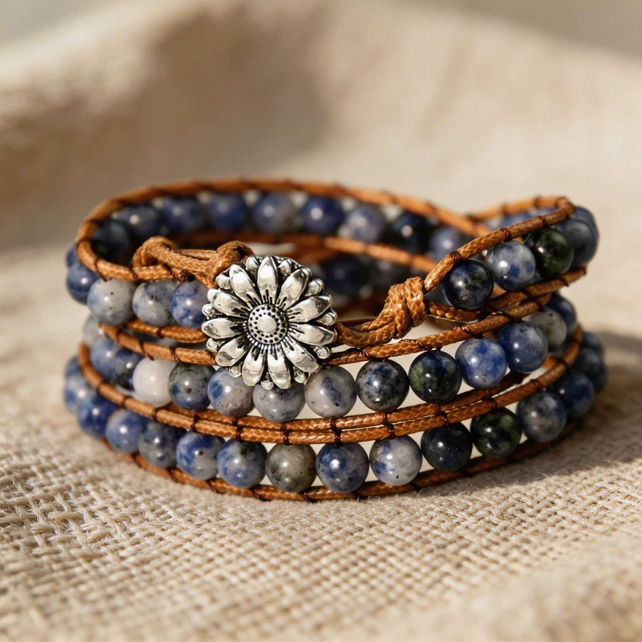 Handmade Natural Blue Spot Stone Wrap Bracelet for Women Boho Leather Beaded Multi-Layer Bracelets Bohemian Jewelry Gift with Vintage Sunflower Button - Image 2