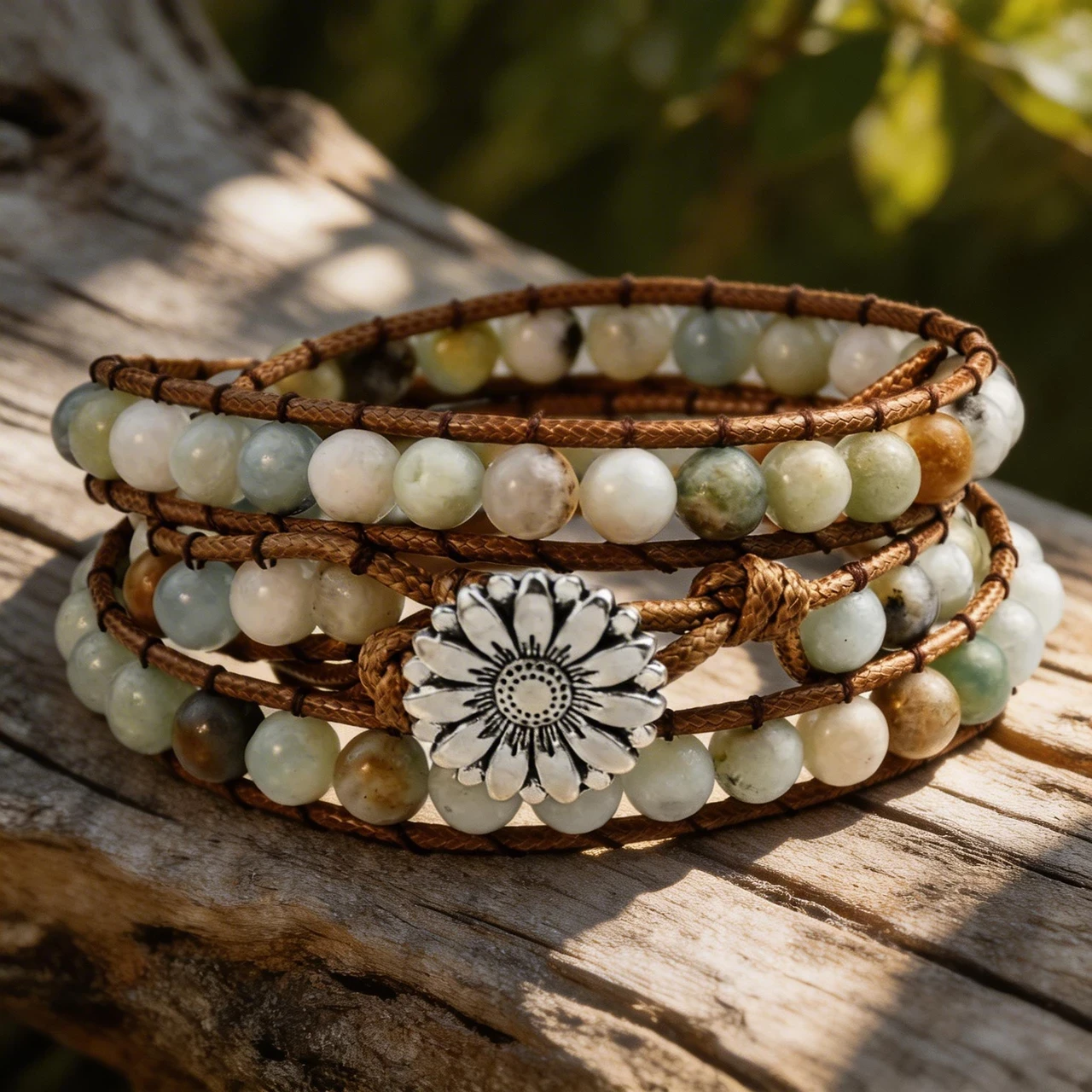 Handmade Natural Stone Wrap Bracelet for Women Bohemian Multi-Layer Leather Beaded Bracelet Healing Crystal Boho Jewelry with Sunflower Clasp - Image 3