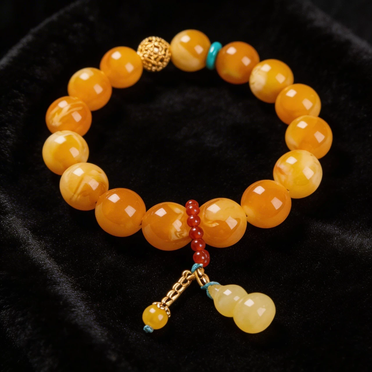 Natural Butterscotch Amber Beaded Bracelet 12mm Yellow Gemstone Healing Crystal Stretch Bangle with Wu Lou Gourd Pendant Feng Shui Wealth Jewelry for Men Women - Image 5