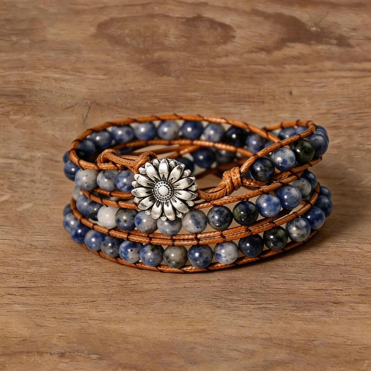 Handmade Natural Blue Spot Stone Wrap Bracelet for Women Boho Leather Beaded Multi-Layer Bracelets Bohemian Jewelry Gift with Vintage Sunflower Button