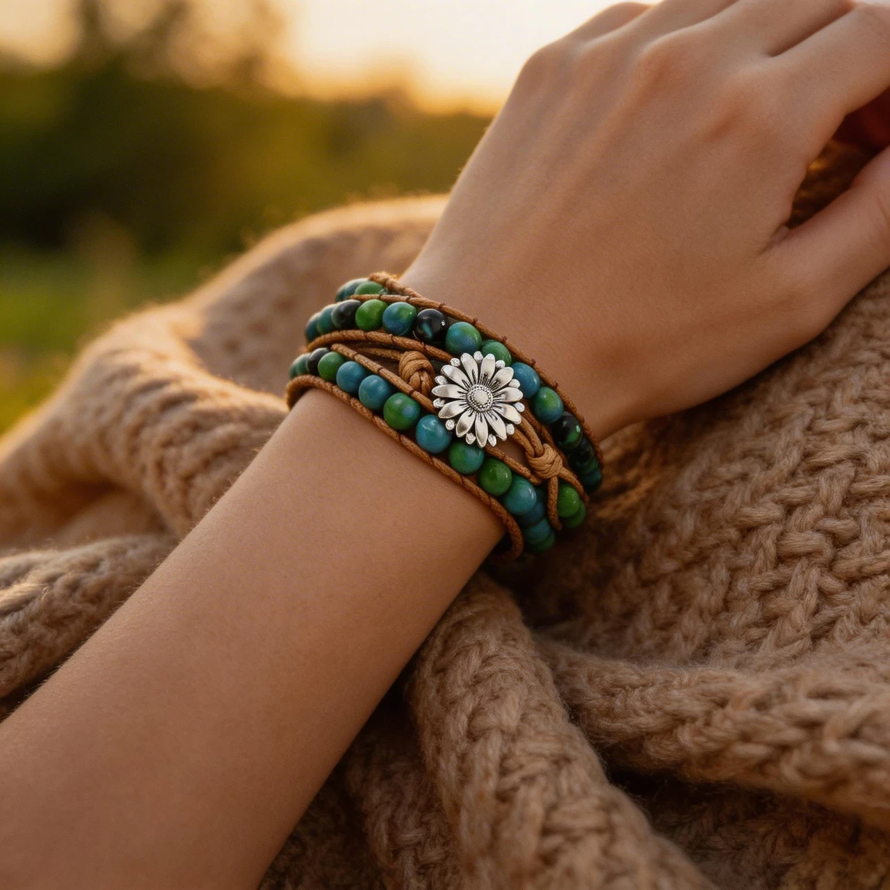 Handmade Natural Stone Wrap Bracelet for Women Boho Leather Beaded Multi Layer Braided Wristband with Sunflower Button Healing Chrysocolla Crystal Jewelry - Image 2