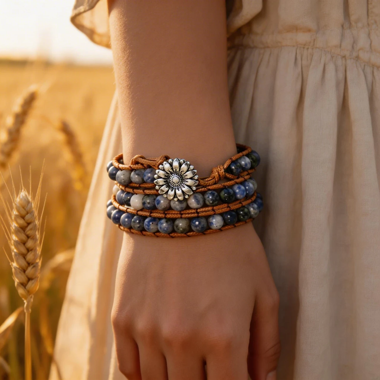 Handmade Natural Blue Spot Stone Wrap Bracelet for Women Boho Leather Beaded Multi-Layer Bracelets Bohemian Jewelry Gift with Vintage Sunflower Button - Image 3
