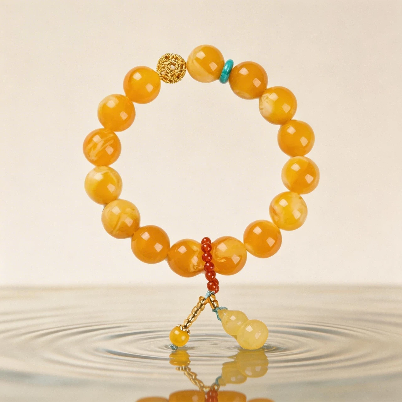Natural Butterscotch Amber Beaded Bracelet 12mm Yellow Gemstone Healing Crystal Stretch Bangle with Wu Lou Gourd Pendant Feng Shui Wealth Jewelry for Men Women - Image 2