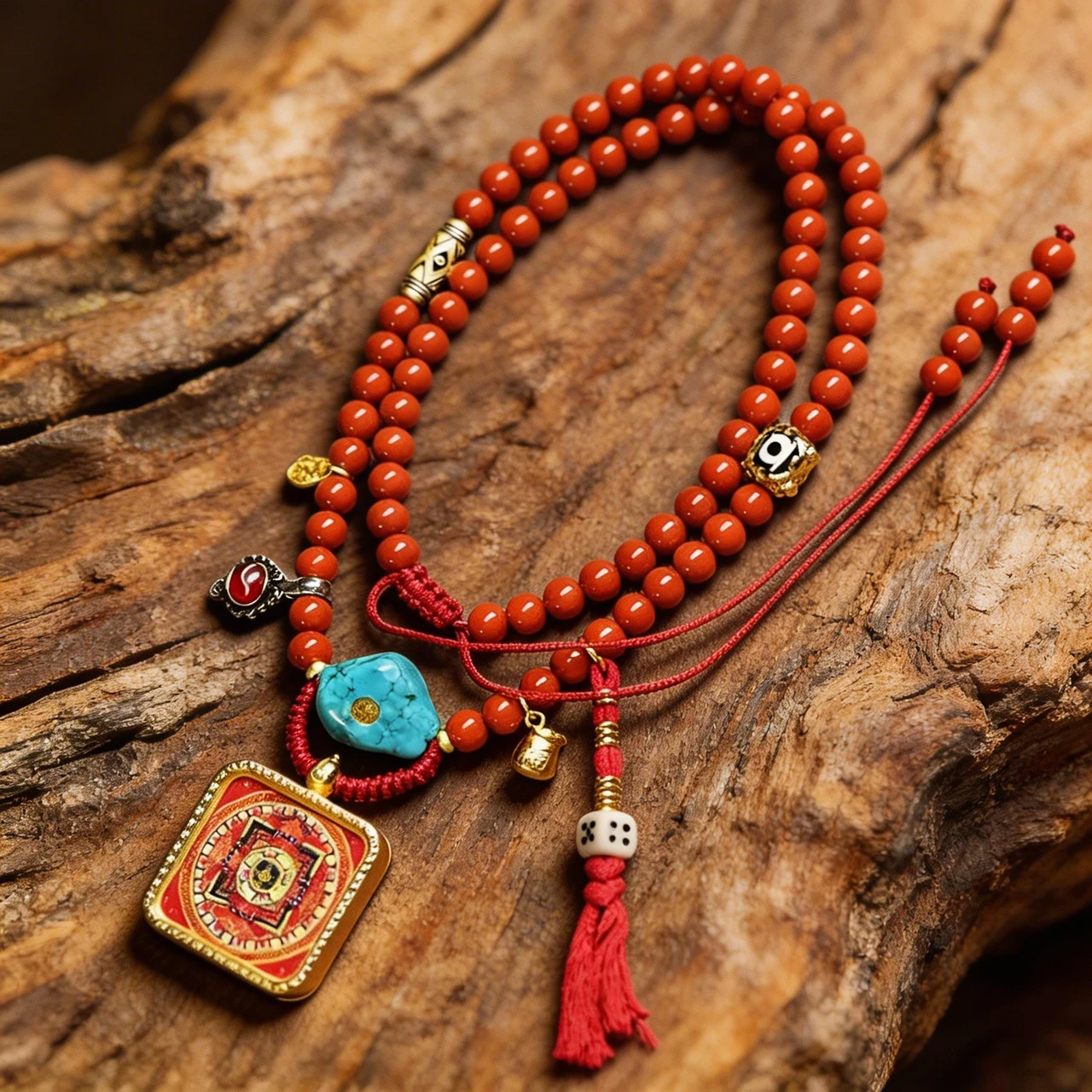 Handmade Tibetan Mandala Pendant Necklace for Women Men Red Agate Beaded Long Sweater Chain Buddhist Thangka Amulet Boho Ethnic Jewelry Meditation Yoga Accessory Adjustable - Image 2
