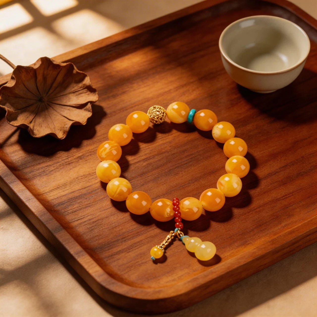 Natural Butterscotch Amber Beaded Bracelet 12mm Yellow Gemstone Healing Crystal Stretch Bangle with Wu Lou Gourd Pendant Feng Shui Wealth Jewelry for Men Women - Image 4
