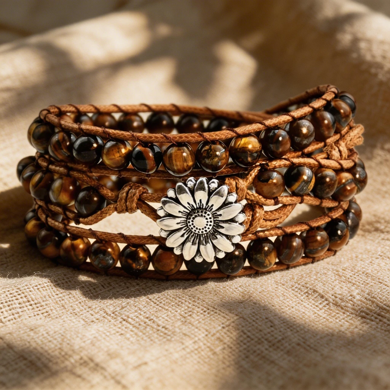 Handmade Tiger Eye Stone Wrap Bracelet for Women Natural Healing Crystal Beaded Multi-Layer Braided Cord Wristband Boho Jewelry with Daisy Flower Clasp - Image 3
