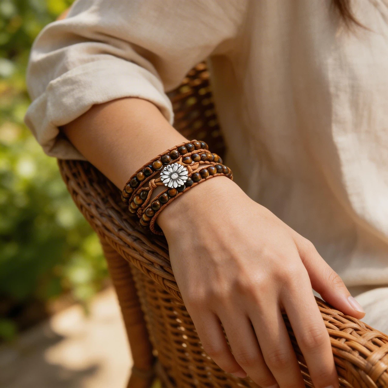 Handmade Tiger Eye Stone Wrap Bracelet for Women Natural Healing Crystal Beaded Multi-Layer Braided Cord Wristband Boho Jewelry with Daisy Flower Clasp - Image 2