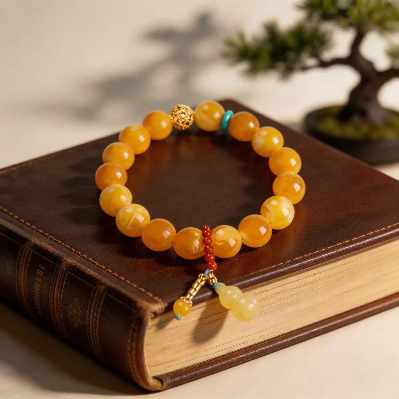 Natural Butterscotch Amber Beaded Bracelet 12mm Yellow Gemstone Healing Crystal Stretch Bangle with Wu Lou Gourd Pendant Feng Shui Wealth Jewelry for Men Women - Image 3