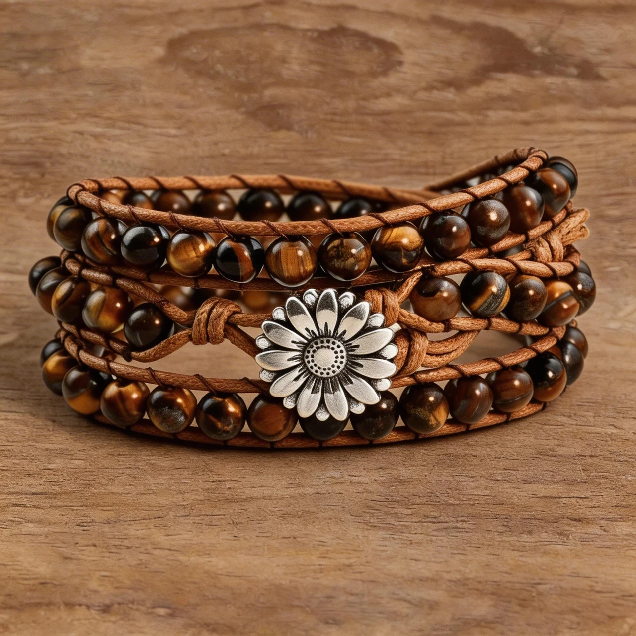 Handmade Tiger Eye Stone Wrap Bracelet for Women Natural Healing Crystal Beaded Multi-Layer Braided Cord Wristband Boho Jewelry with Daisy Flower Clasp