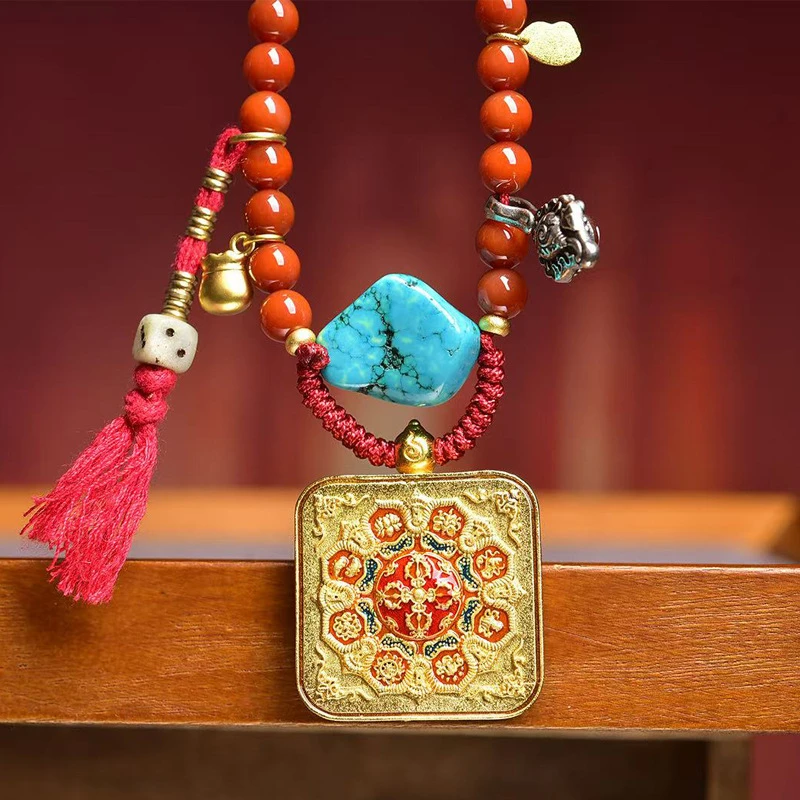 Handmade Tibetan Mandala Pendant Necklace for Women Men Red Agate Beaded Long Sweater Chain Buddhist Thangka Amulet Boho Ethnic Jewelry Meditation Yoga Accessory Adjustable - Image 5