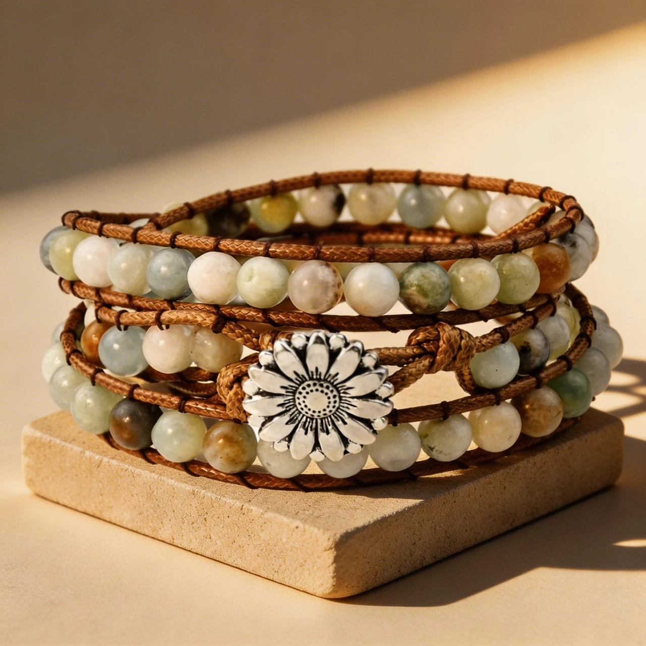 Handmade Natural Stone Wrap Bracelet for Women Bohemian Multi-Layer Leather Beaded Bracelet Healing Crystal Boho Jewelry with Sunflower Clasp - Image 2