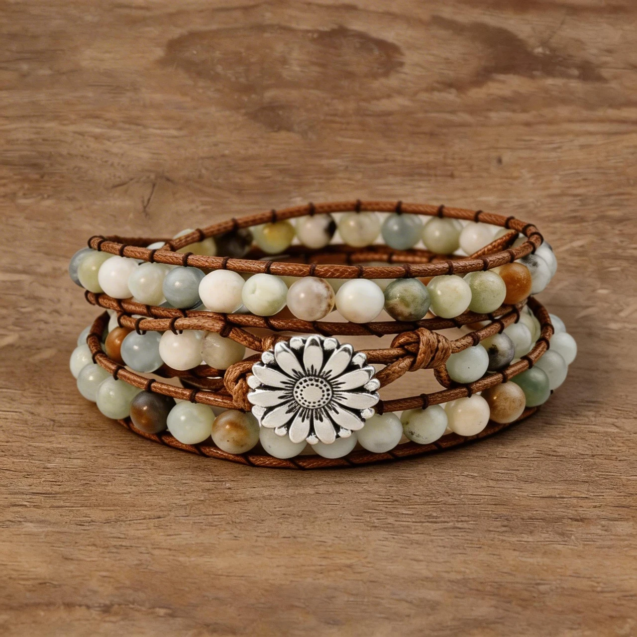 Handmade Natural Stone Wrap Bracelet for Women Bohemian Multi-Layer Leather Beaded Bracelet Healing Crystal Boho Jewelry with Sunflower Clasp