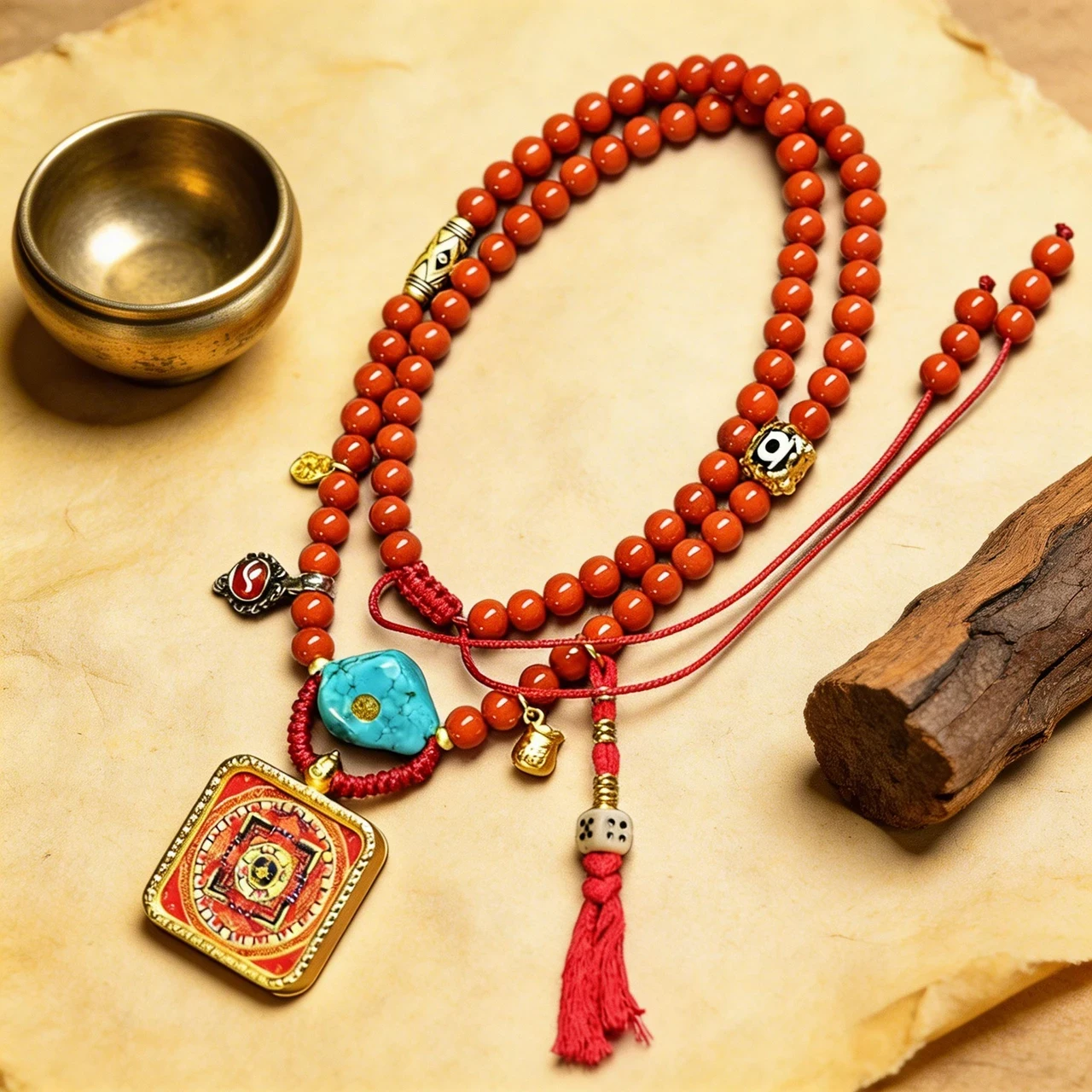 Handmade Tibetan Mandala Pendant Necklace for Women Men Red Agate Beaded Long Sweater Chain Buddhist Thangka Amulet Boho Ethnic Jewelry Meditation Yoga Accessory Adjustable - Image 3