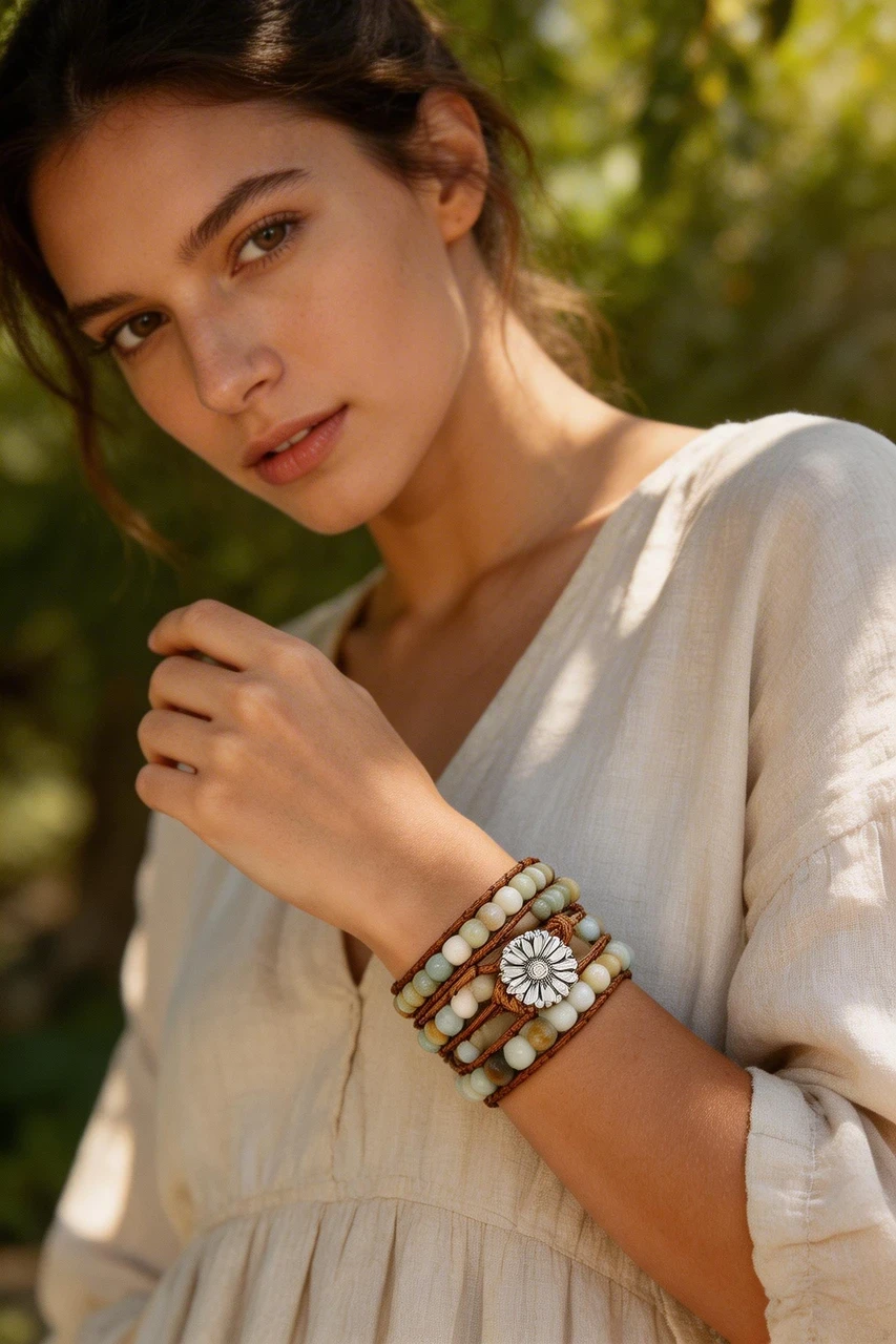 Handmade Natural Stone Wrap Bracelet for Women Bohemian Multi-Layer Leather Beaded Bracelet Healing Crystal Boho Jewelry with Sunflower Clasp - Image 4
