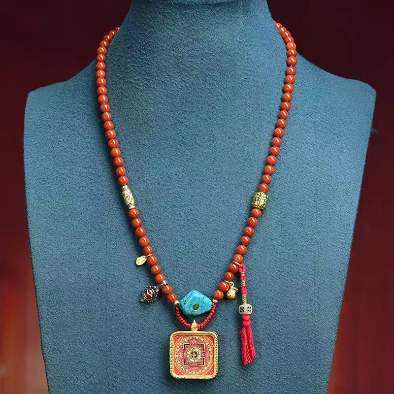 Handmade Tibetan Mandala Pendant Necklace for Women Men Red Agate Beaded Long Sweater Chain Buddhist Thangka Amulet Boho Ethnic Jewelry Meditation Yoga Accessory Adjustable - Image 6