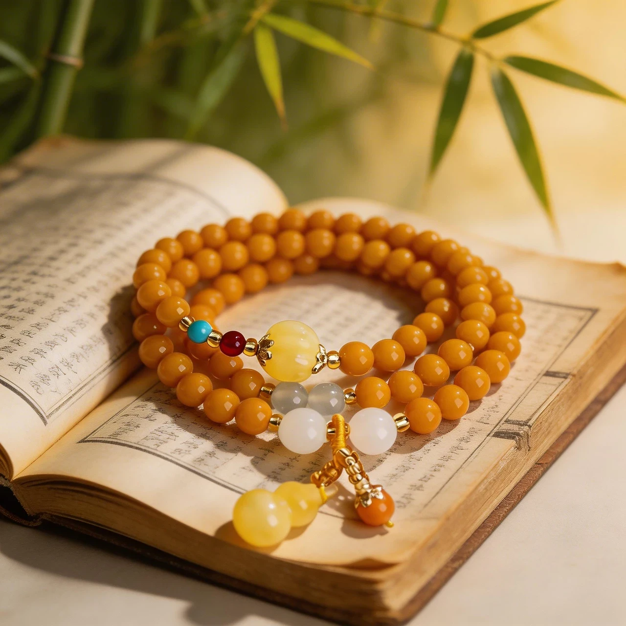 6mm Beaded Wrap Bracelet Mala Beads Meditation Jewelry for Men Women Butterscotch Amber Tone 3-Layer Bangle with Wu Lou Gourd Charm Good Luck Buddhist Rosary - Image 3