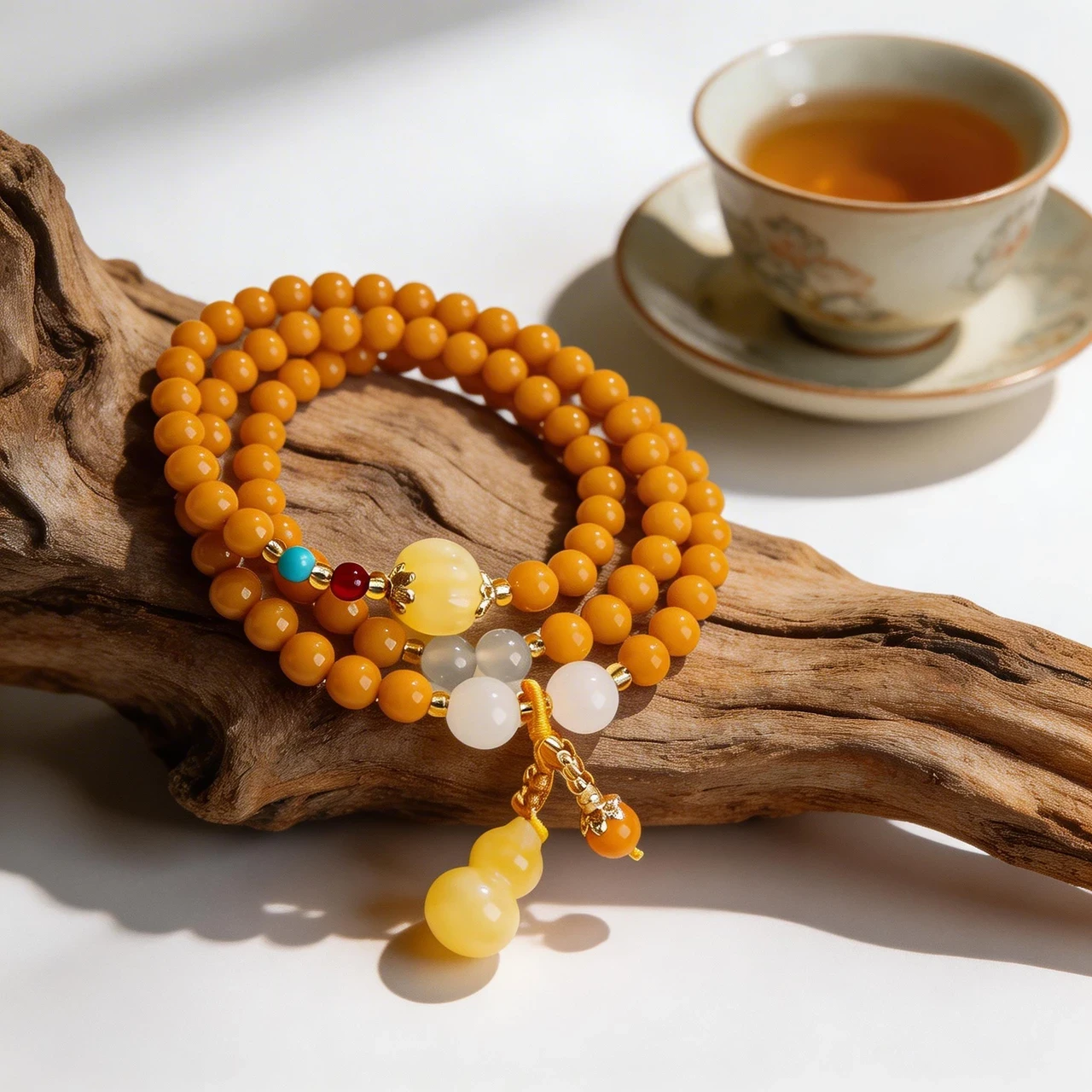 6mm Beaded Wrap Bracelet Mala Beads Meditation Jewelry for Men Women Butterscotch Amber Tone 3-Layer Bangle with Wu Lou Gourd Charm Good Luck Buddhist Rosary - Image 4