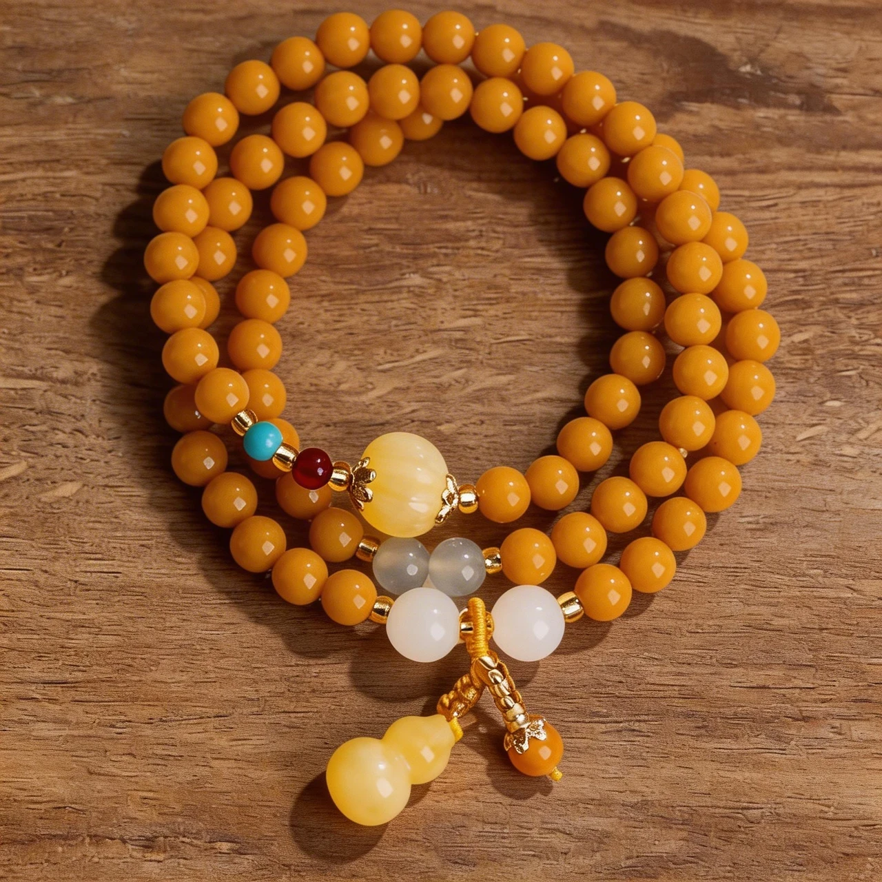 6mm Beaded Wrap Bracelet Mala Beads Meditation Jewelry for Men Women Butterscotch Amber Tone 3-Layer Bangle with Wu Lou Gourd Charm Good Luck Buddhist Rosary