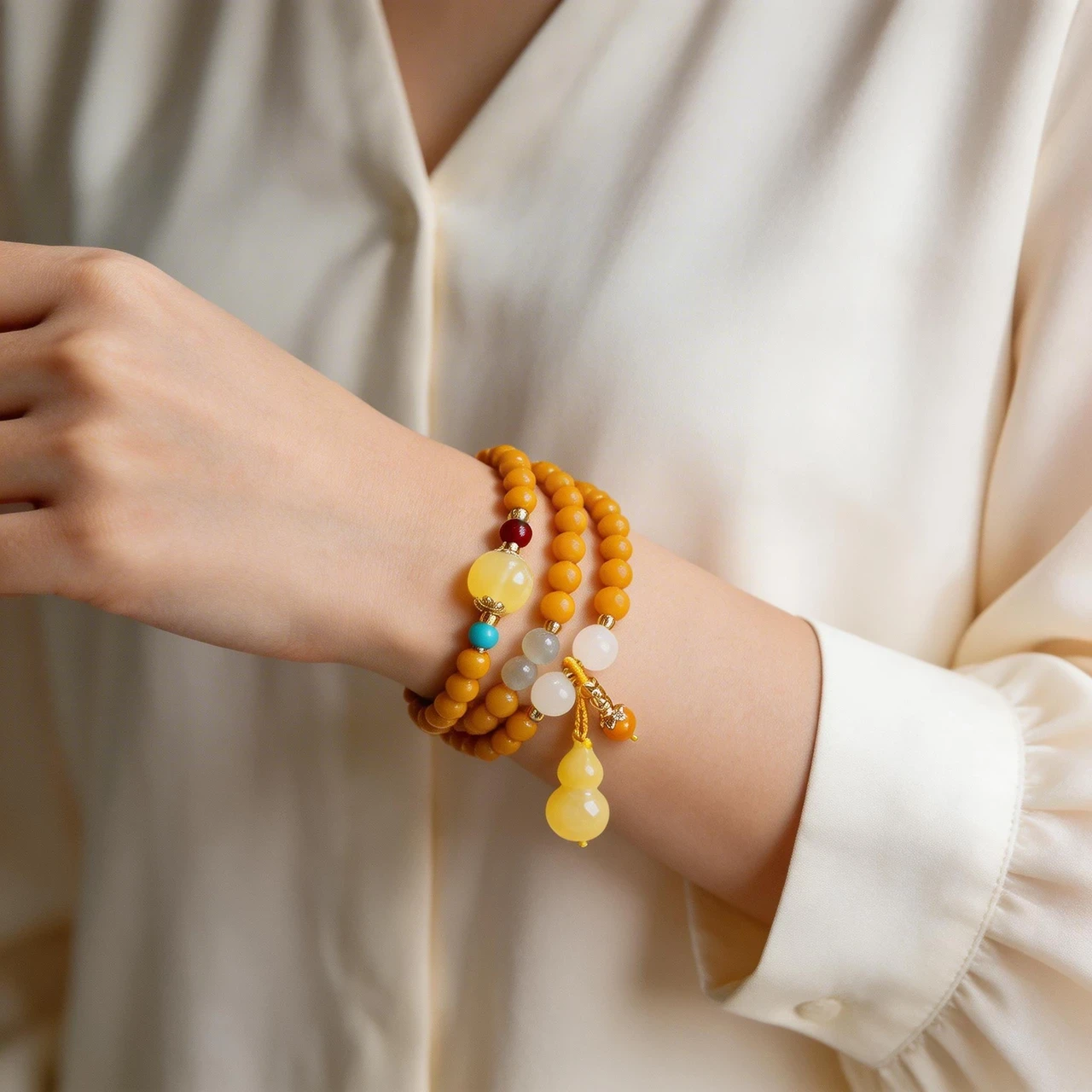 6mm Beaded Wrap Bracelet Mala Beads Meditation Jewelry for Men Women Butterscotch Amber Tone 3-Layer Bangle with Wu Lou Gourd Charm Good Luck Buddhist Rosary - Image 2
