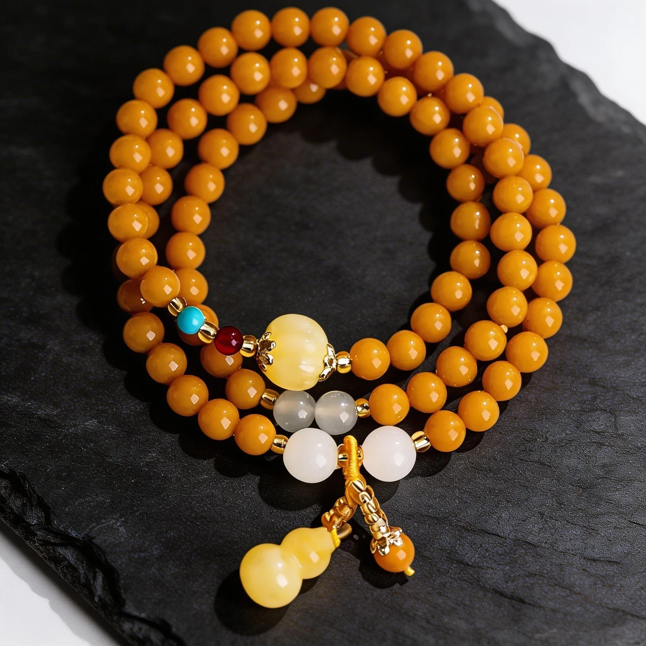 6mm Beaded Wrap Bracelet Mala Beads Meditation Jewelry for Men Women Butterscotch Amber Tone 3-Layer Bangle with Wu Lou Gourd Charm Good Luck Buddhist Rosary - Image 5