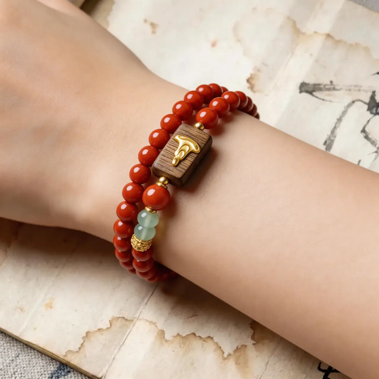 Wealth & Protection-Red Agate Bracelet, Buddhist Prayer Beads - Image 2