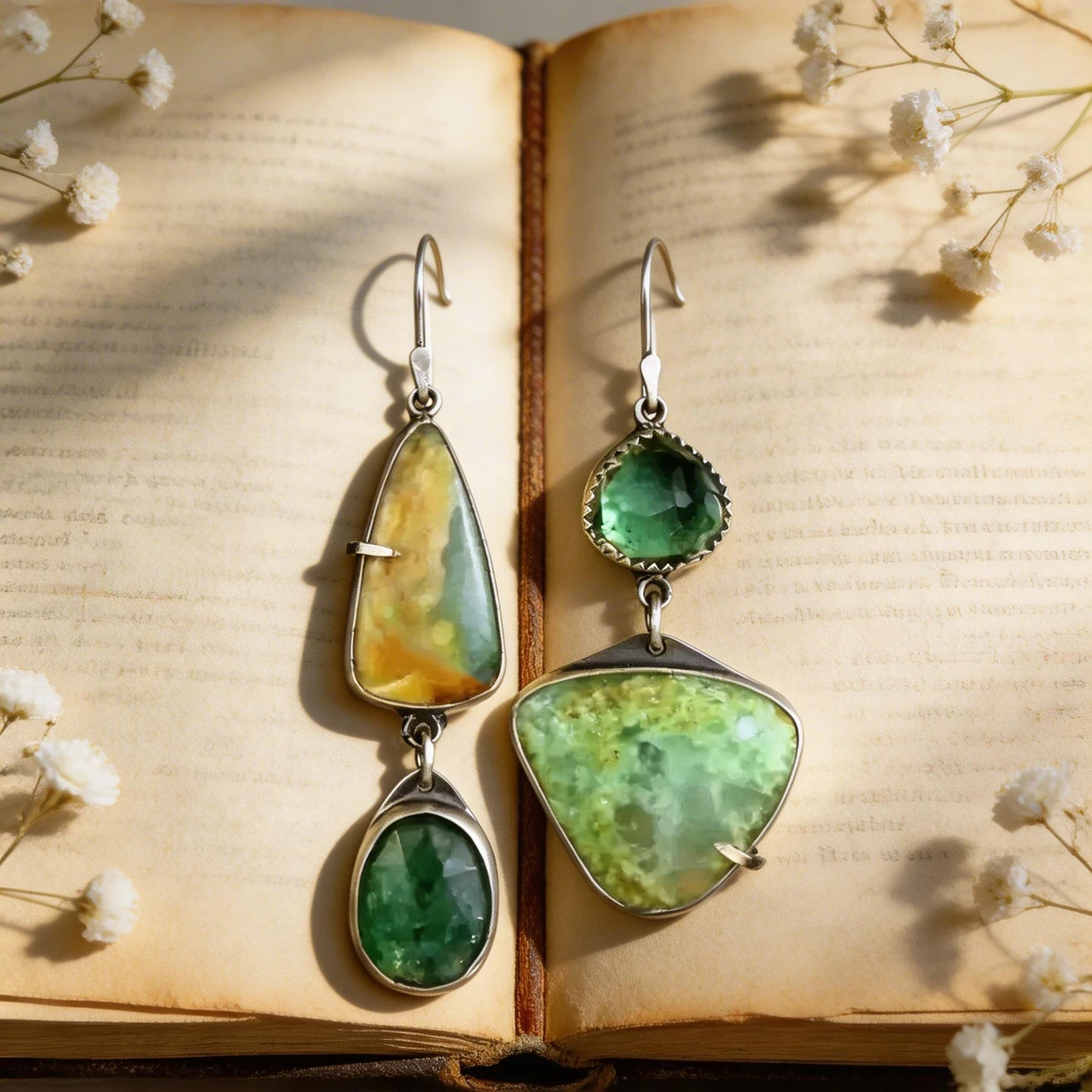 Vintage Asymmetrical Drop Earrings for Women Handmade Green Stone Dangle Earrings Geometric Mismatched Jewelry Boho Statement Accessories for Daily Wear - Image 3