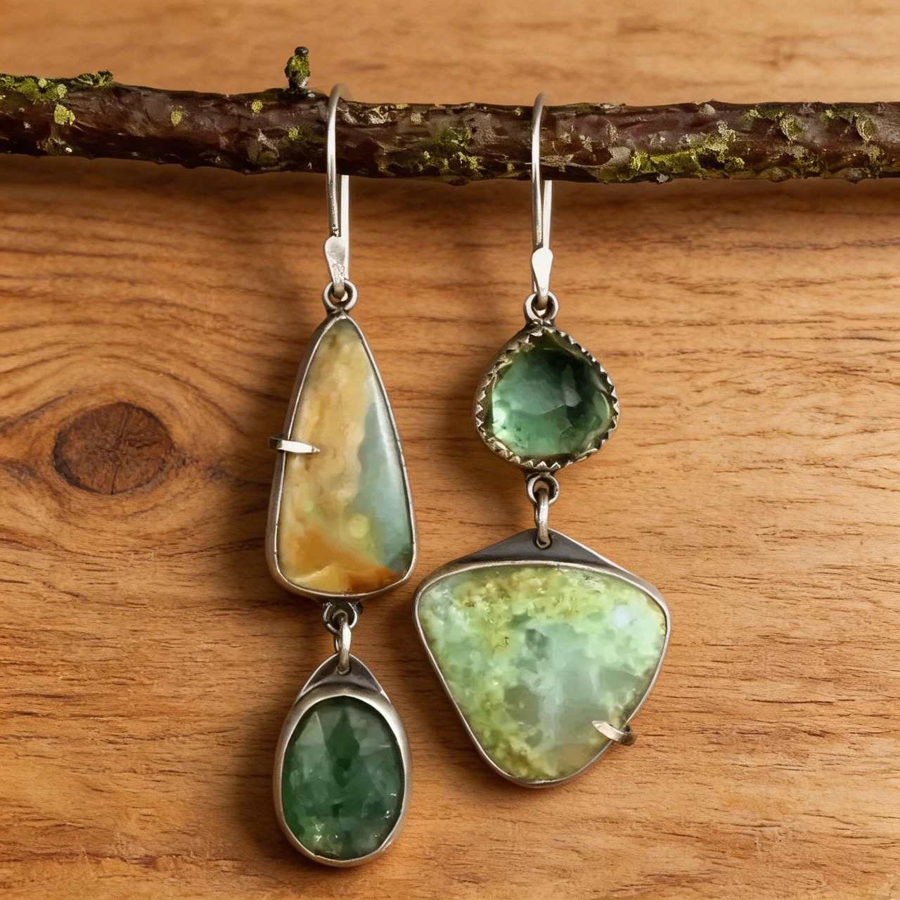 Vintage Asymmetrical Drop Earrings for Women Handmade Green Stone Dangle Earrings Geometric Mismatched Jewelry Boho Statement Accessories for Daily Wear