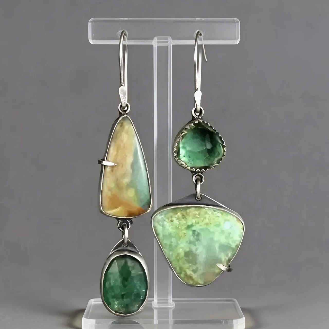 Vintage Asymmetrical Drop Earrings for Women Handmade Green Stone Dangle Earrings Geometric Mismatched Jewelry Boho Statement Accessories for Daily Wear - Image 4