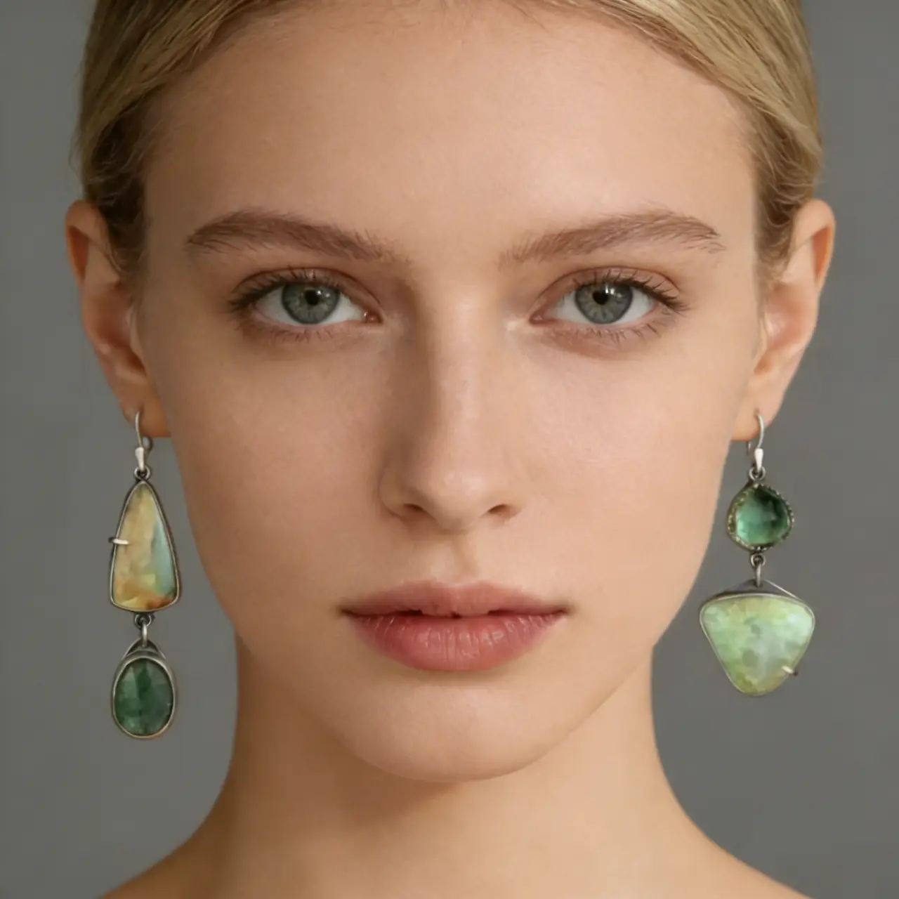 Vintage Asymmetrical Drop Earrings for Women Handmade Green Stone Dangle Earrings Geometric Mismatched Jewelry Boho Statement Accessories for Daily Wear - Image 6