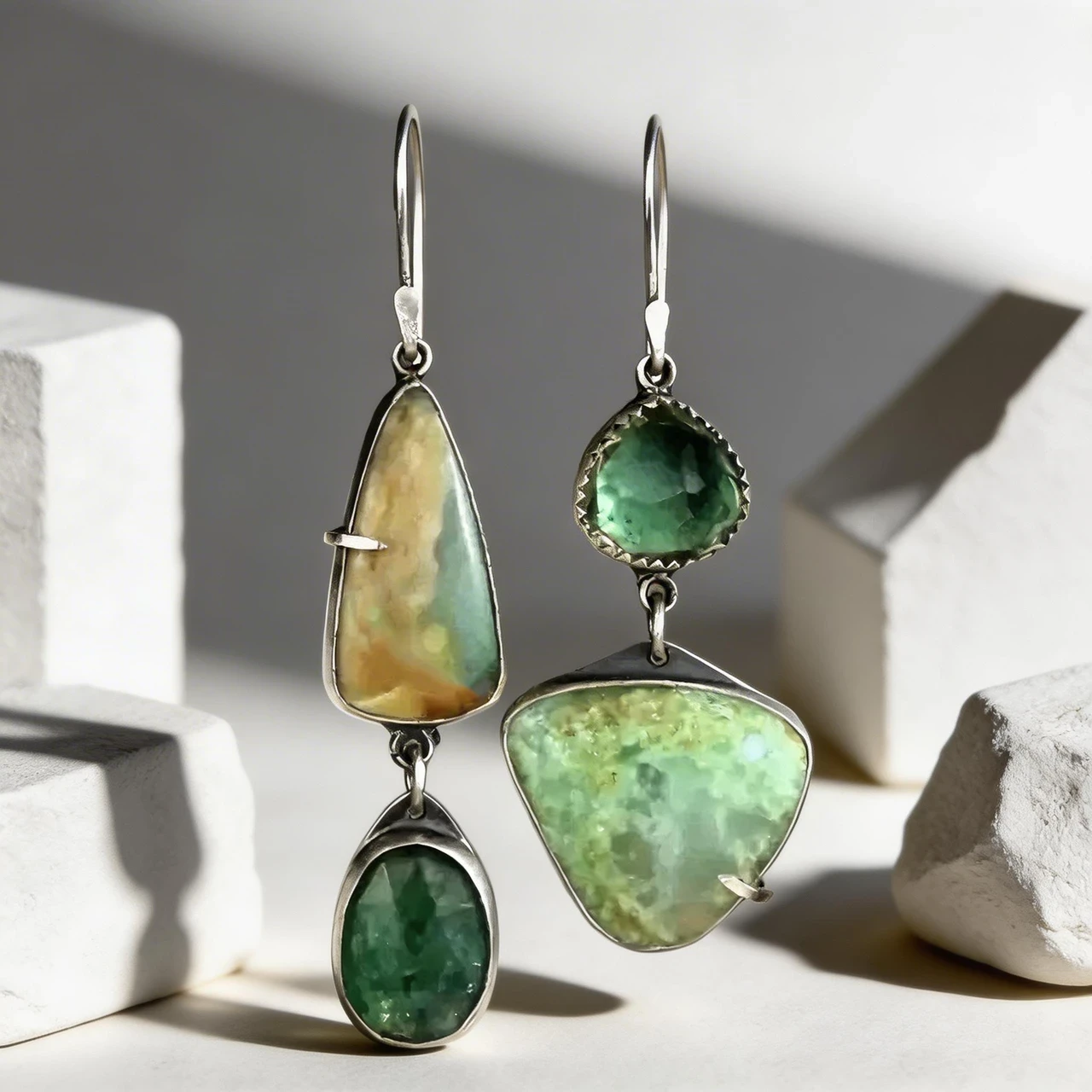 Vintage Asymmetrical Drop Earrings for Women Handmade Green Stone Dangle Earrings Geometric Mismatched Jewelry Boho Statement Accessories for Daily Wear - Image 2