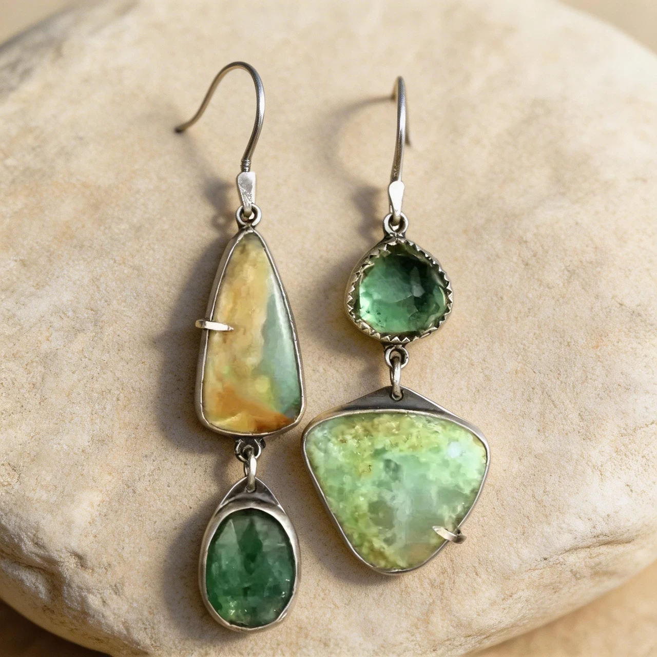 Vintage Asymmetrical Drop Earrings for Women Handmade Green Stone Dangle Earrings Geometric Mismatched Jewelry Boho Statement Accessories for Daily Wear - Image 5