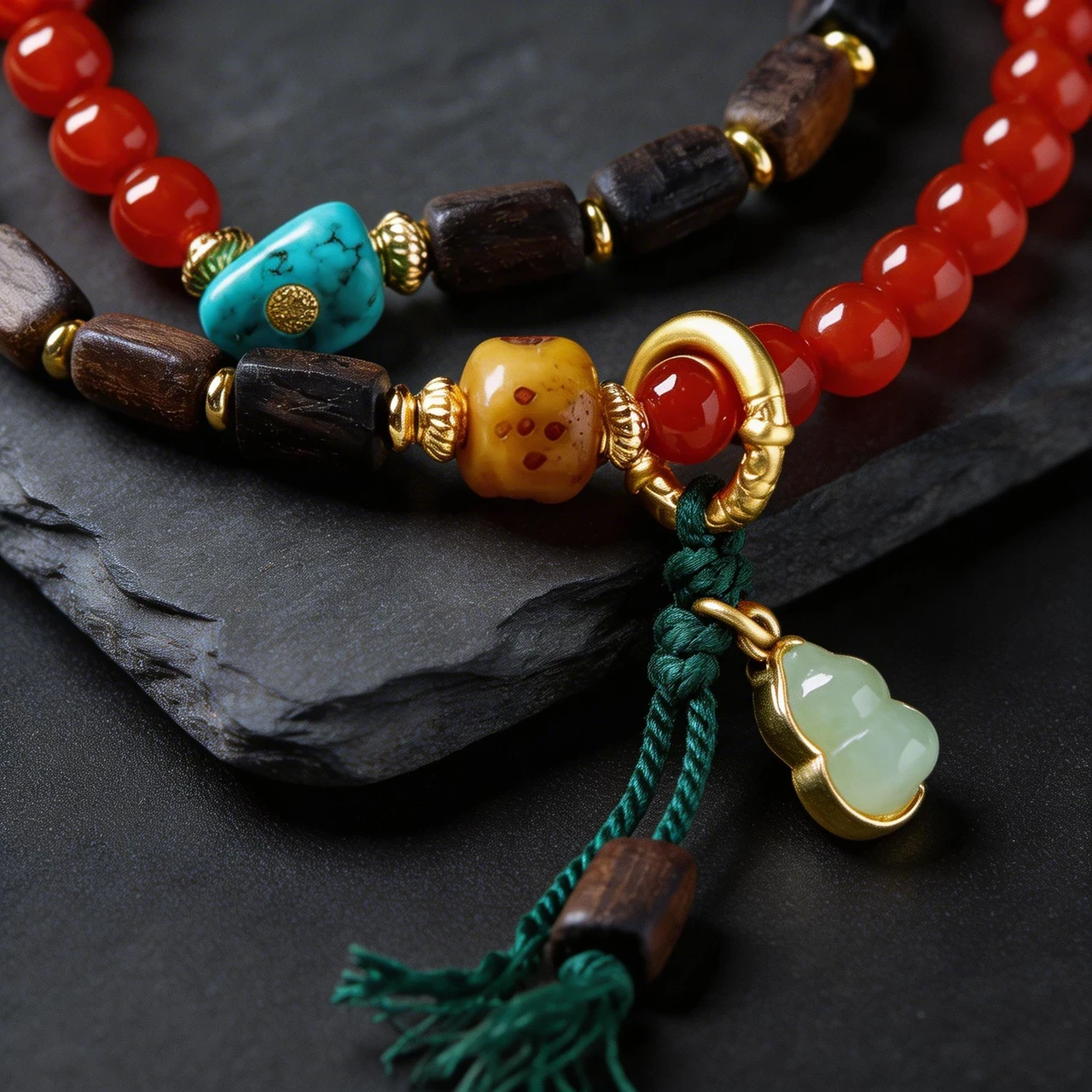 Southern Red Agate & Agarwood Beaded Bracelet 6mm Multi-Gemstone Healing Crystal Bangle with Amber Turquoise Gourd Pendant for Meditation Yoga Chinese Vintage Spiritual Jewelry Gift - Image 3