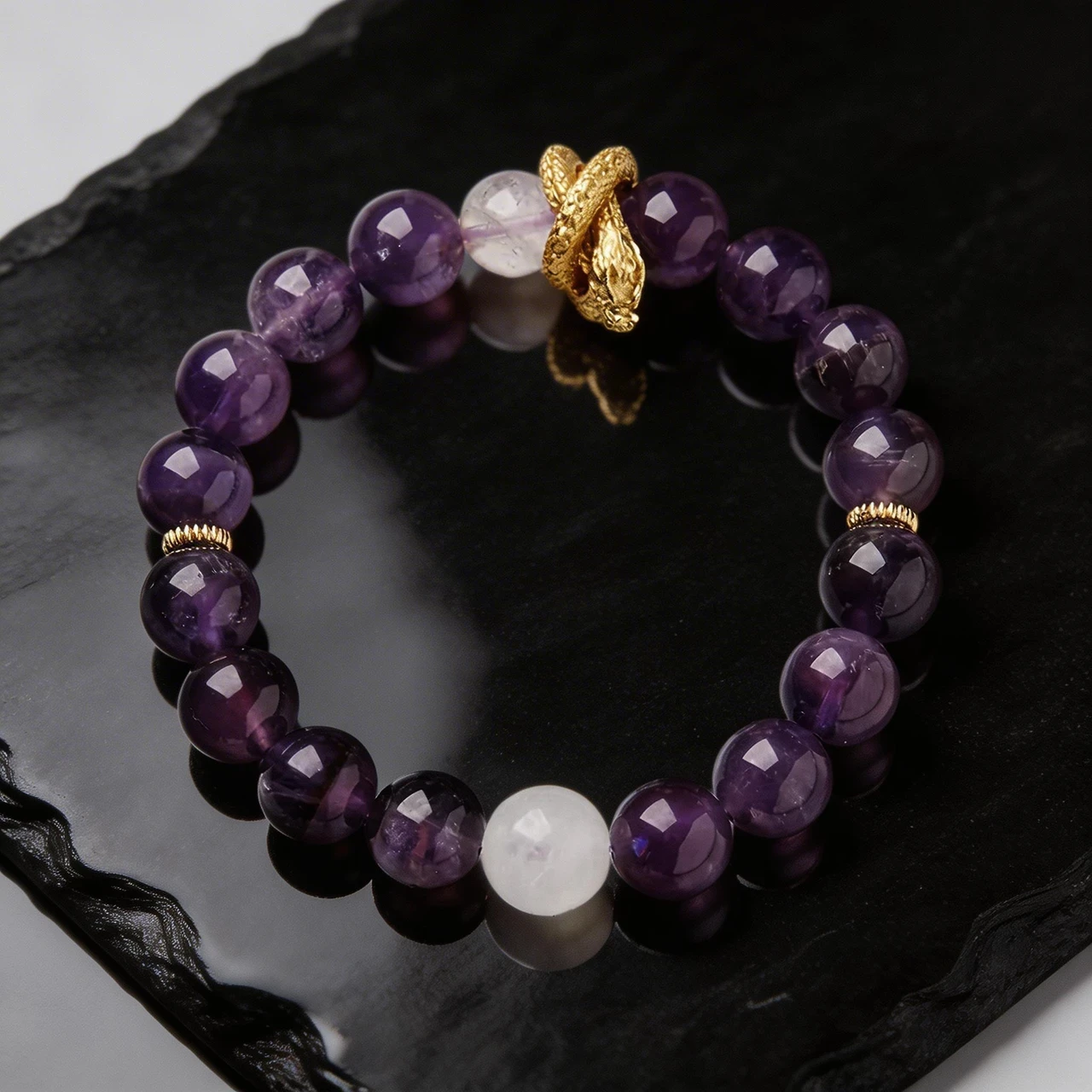Natural Amethyst Bracelet for Women 10mm Healing Crystal Stone Beaded Bracelet with Golden Dragon Charm Feng Shui Wealth Luck Spiritual Meditation Yoga Jewelry Gift - Image 5