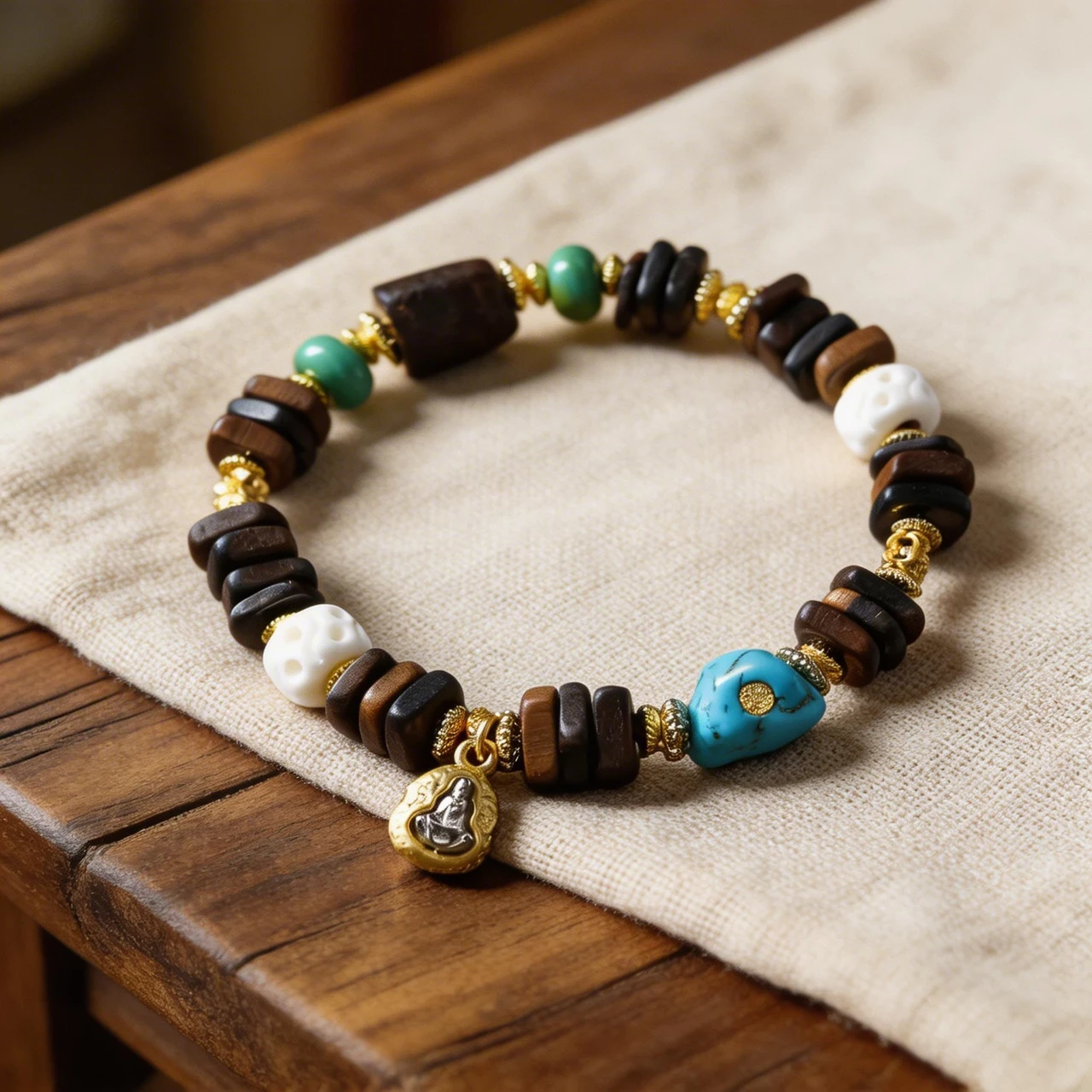 Tibetan Style 10mm Vietnamese Agarwood Bracelet Vintage Wood Bead Mala Prayer Beads with Turquoise Skull Buddha Charm for Men Women Meditation Yoga Ethnic Jewelry - Image 5