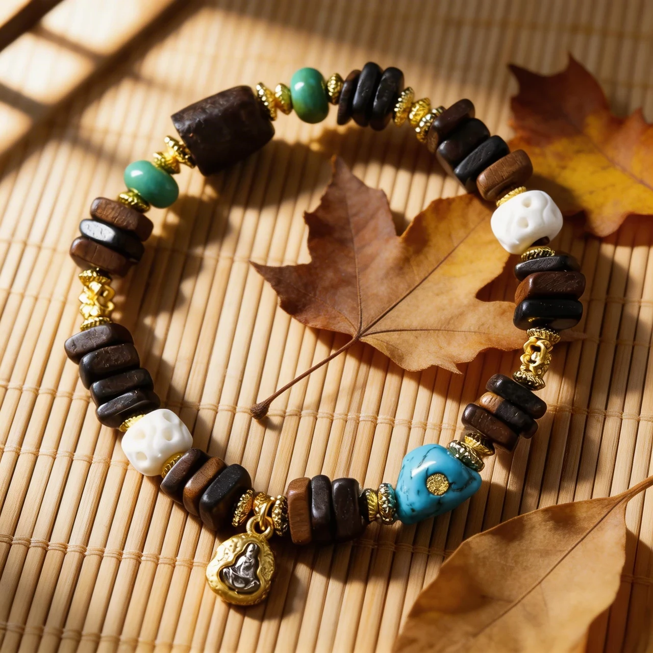 Tibetan Style 10mm Vietnamese Agarwood Bracelet Vintage Wood Bead Mala Prayer Beads with Turquoise Skull Buddha Charm for Men Women Meditation Yoga Ethnic Jewelry - Image 4