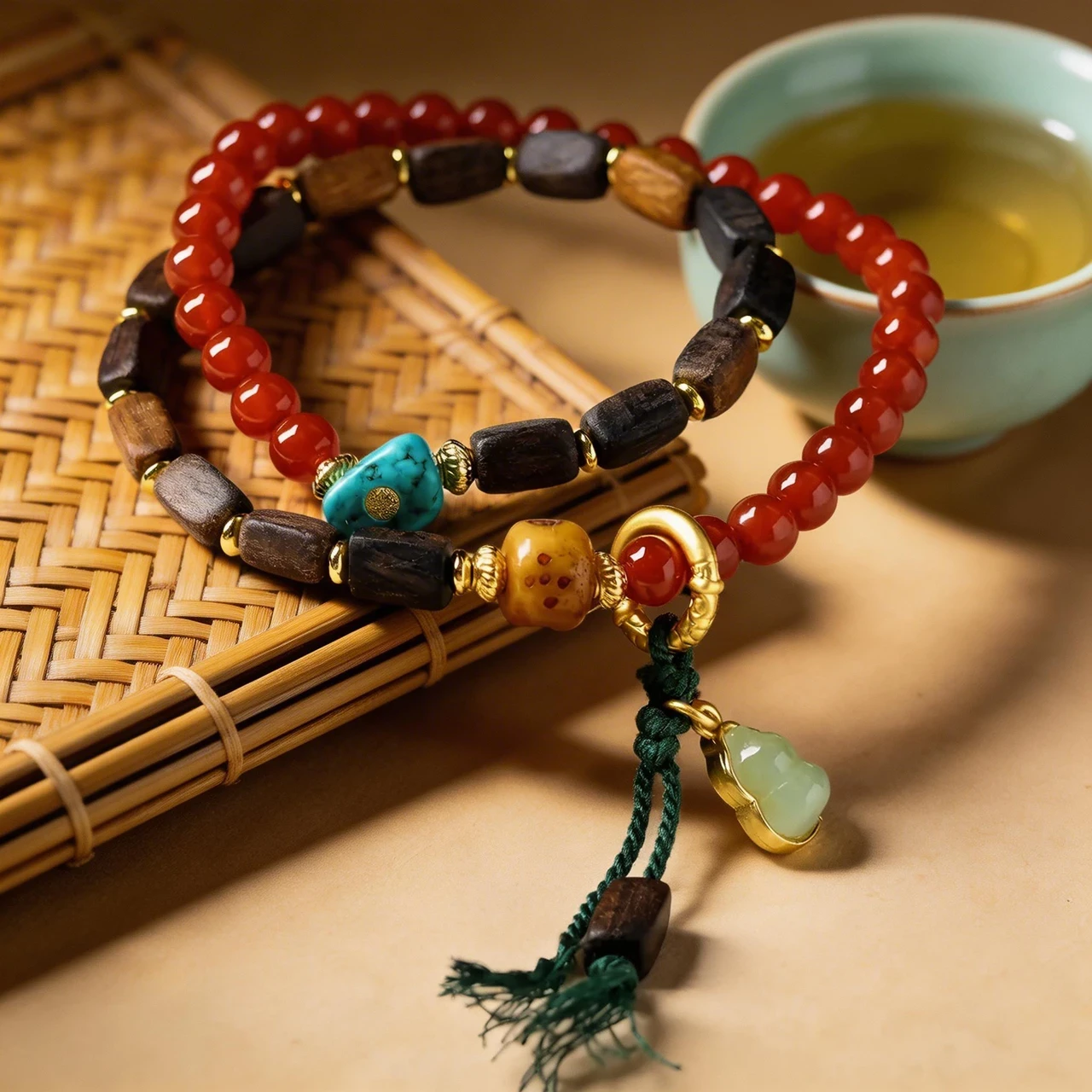 Southern Red Agate & Agarwood Beaded Bracelet 6mm Multi-Gemstone Healing Crystal Bangle with Amber Turquoise Gourd Pendant for Meditation Yoga Chinese Vintage Spiritual Jewelry Gift - Image 5