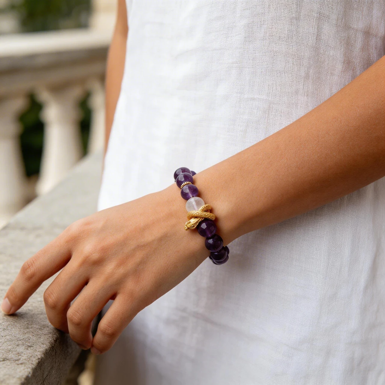 Natural Amethyst Bracelet for Women 10mm Healing Crystal Stone Beaded Bracelet with Golden Dragon Charm Feng Shui Wealth Luck Spiritual Meditation Yoga Jewelry Gift - Image 2