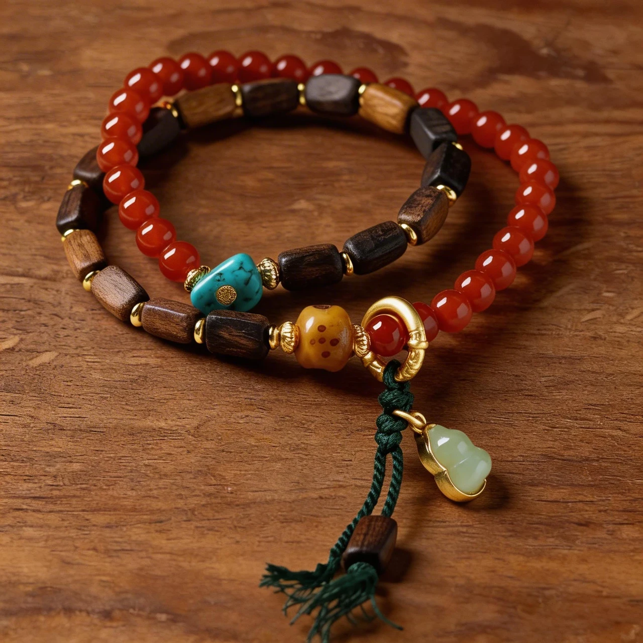 Southern Red Agate & Agarwood Beaded Bracelet 6mm Multi-Gemstone Healing Crystal Bangle with Amber Turquoise Gourd Pendant for Meditation Yoga Chinese Vintage Spiritual Jewelry Gift
