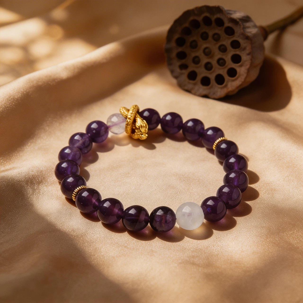 Natural Amethyst Bracelet for Women 10mm Healing Crystal Stone Beaded Bracelet with Golden Dragon Charm Feng Shui Wealth Luck Spiritual Meditation Yoga Jewelry Gift - Image 4