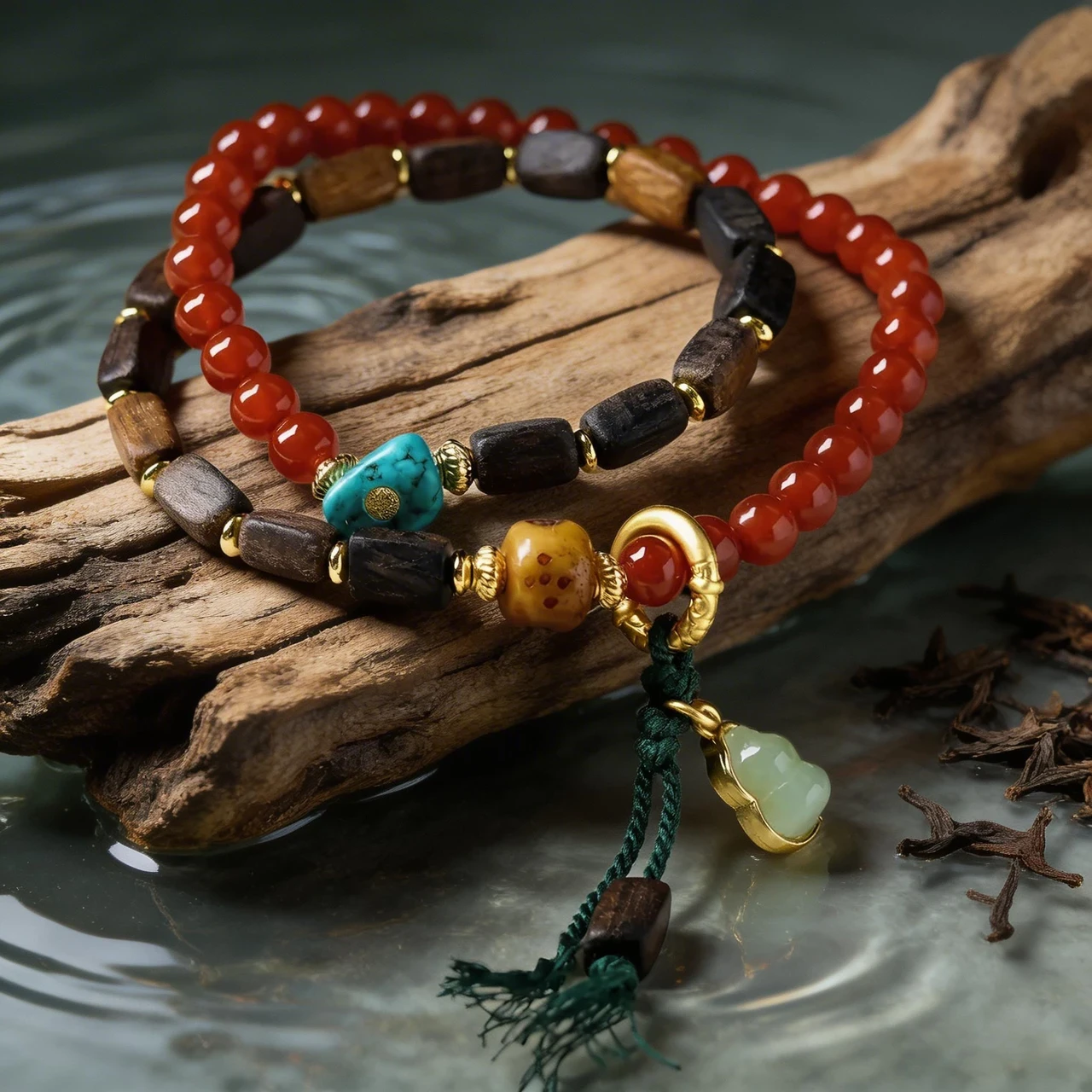 Southern Red Agate & Agarwood Beaded Bracelet 6mm Multi-Gemstone Healing Crystal Bangle with Amber Turquoise Gourd Pendant for Meditation Yoga Chinese Vintage Spiritual Jewelry Gift - Image 2