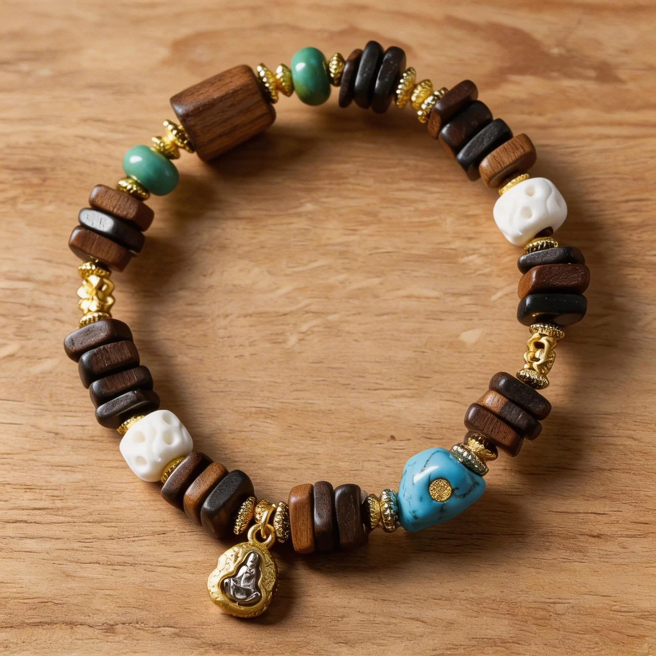 Tibetan Style 10mm Vietnamese Agarwood Bracelet Vintage Wood Bead Mala Prayer Beads with Turquoise Skull Buddha Charm for Men Women Meditation Yoga Ethnic Jewelry