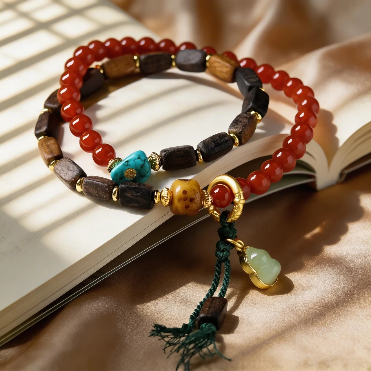 Southern Red Agate & Agarwood Beaded Bracelet 6mm Multi-Gemstone Healing Crystal Bangle with Amber Turquoise Gourd Pendant for Meditation Yoga Chinese Vintage Spiritual Jewelry Gift - Image 6