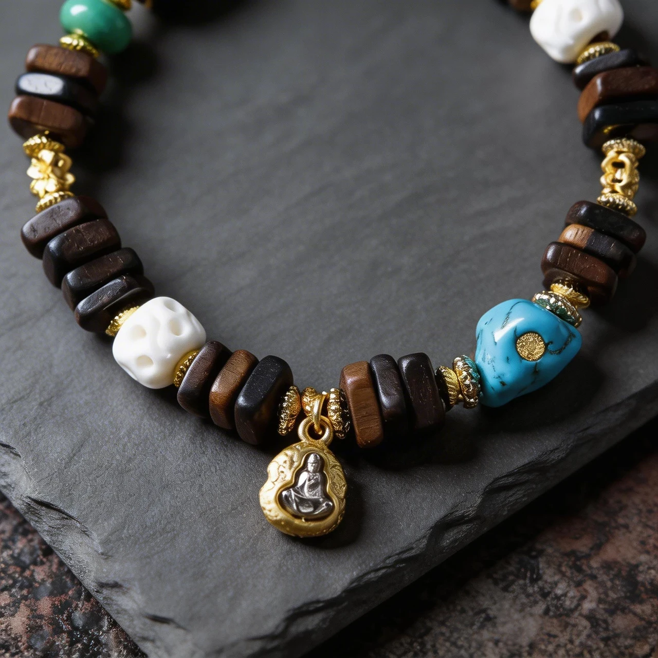 Tibetan Style 10mm Vietnamese Agarwood Bracelet Vintage Wood Bead Mala Prayer Beads with Turquoise Skull Buddha Charm for Men Women Meditation Yoga Ethnic Jewelry - Image 2