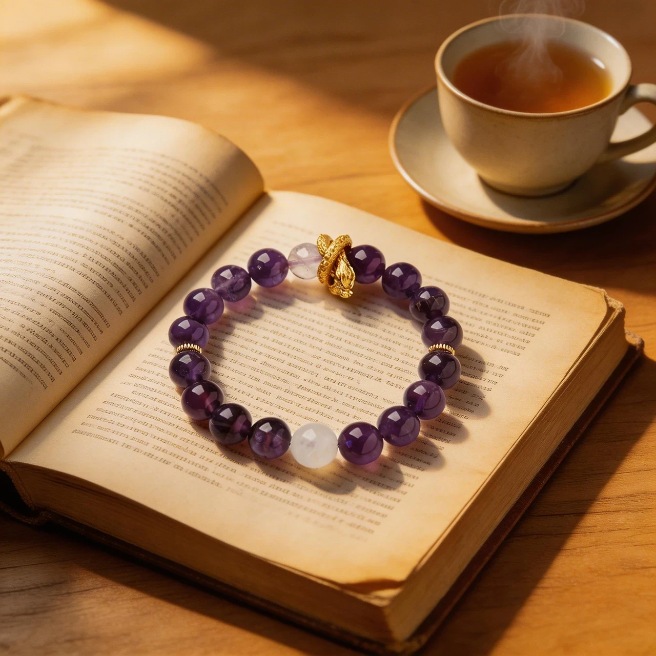 Natural Amethyst Bracelet for Women 10mm Healing Crystal Stone Beaded Bracelet with Golden Dragon Charm Feng Shui Wealth Luck Spiritual Meditation Yoga Jewelry Gift - Image 3