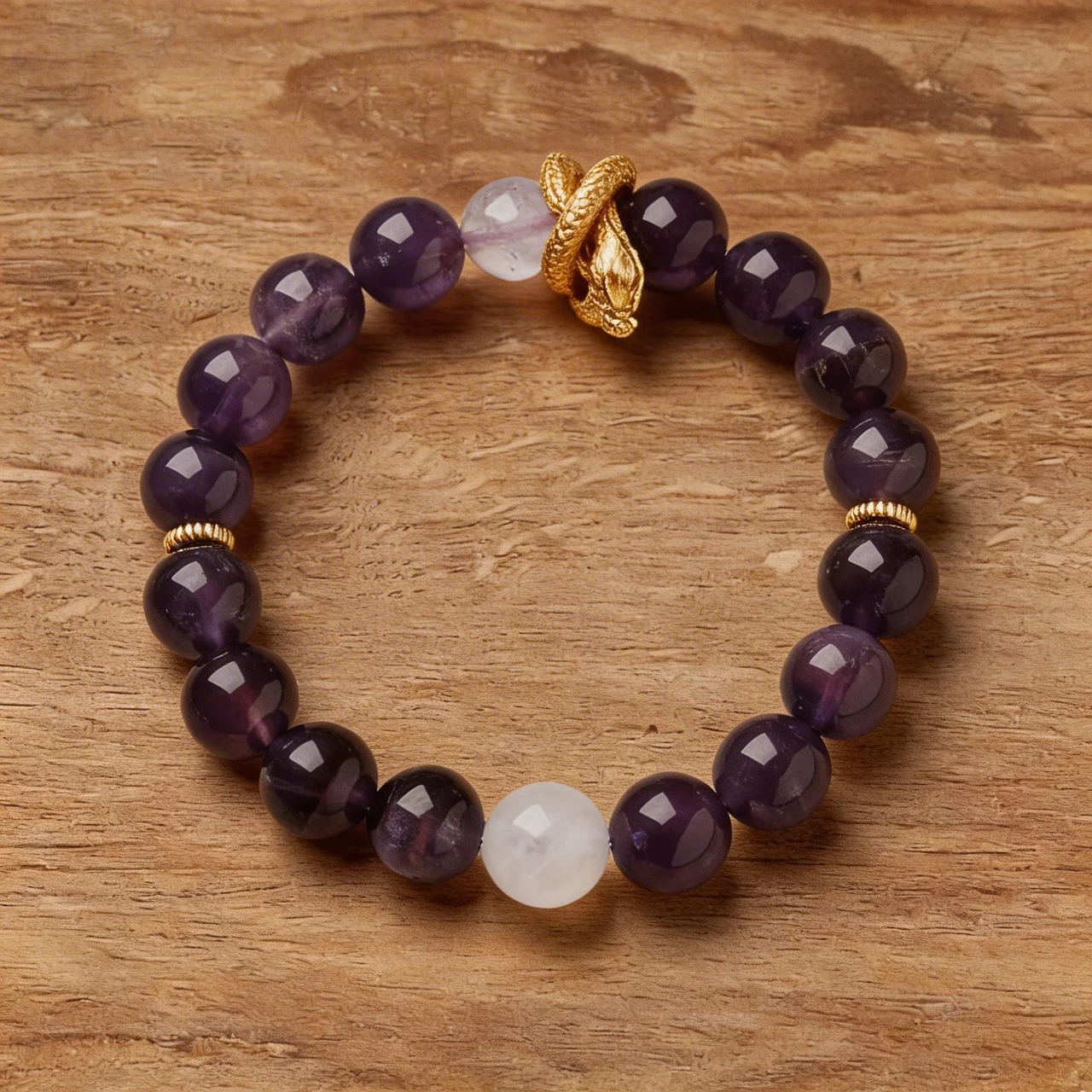 Natural Amethyst Bracelet for Women 10mm Healing Crystal Stone Beaded Bracelet with Golden Dragon Charm Feng Shui Wealth Luck Spiritual Meditation Yoga Jewelry Gift