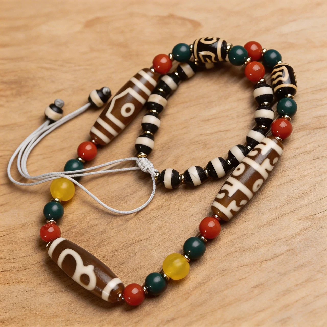 Tibetan Dzi Bead Necklace Natural Agate Pendant Handmade Buddhist Amulet Jewelry Long Sweater Chain Adjustable Cord for Men Women Spiritual Meditation Healing